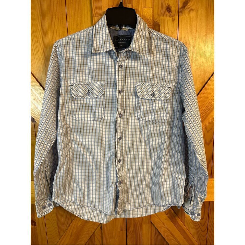 Marfinno Button Up Shirt Men's Medium Blue White Black Plaid Pockets (0165)